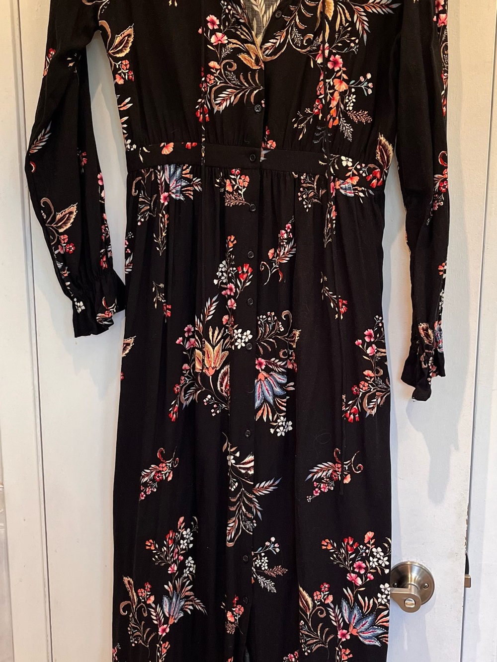 Stradivarius Black Floral Button-Front Maxi Dress